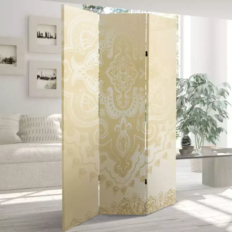6 ft. Double Sided Mandala Pattern Canvas Room Divider, Ivory, Adjustable 3-Panel, Spruce Wood Frame
