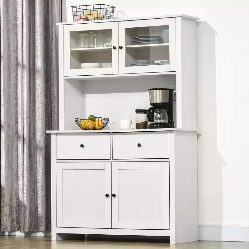 HOMCOM 63.5 Kitchen Buffet with Hutch, Pantry Storage Cabinet with 4 Shelves, Drawers, Framed Glass Doors, Open Microwave Countertop