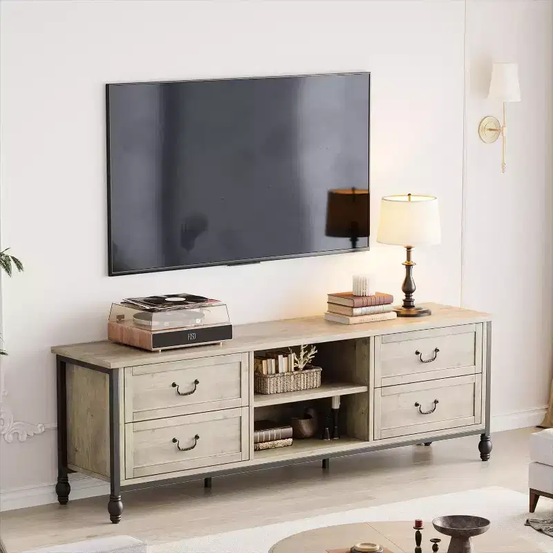 Farmhouse TV Cabinet for 75in, Mid Century Modern Wood Entertainment Center with 4 Drawer & 2 Open Shelves, Roman Column Legs, Media Console