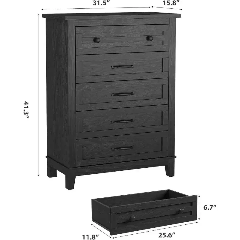 5 Dresser for Bedroom, 41.3 Tall Vertical Drawer Dresser with Large Storage, Freestanding Wooden Closet Chest for Bedroom, Living Room