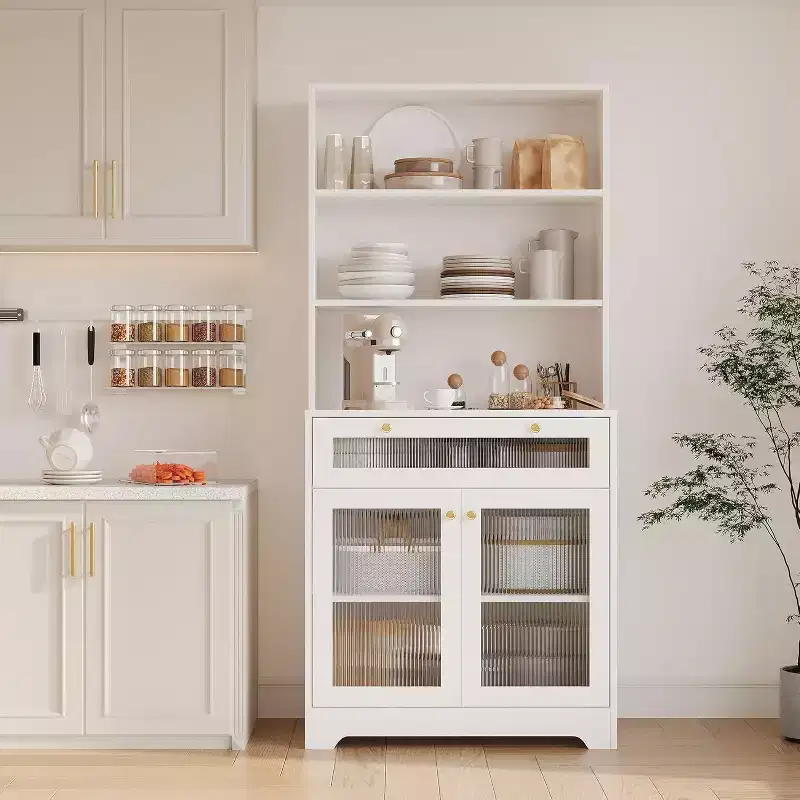 Kitchen Pantry Cabinet with Glass Doors, 3-Tier Open Shelf & Drawer, Adjustable Shelves, Coffee Bar Table for Kitchen & Dining Room, White