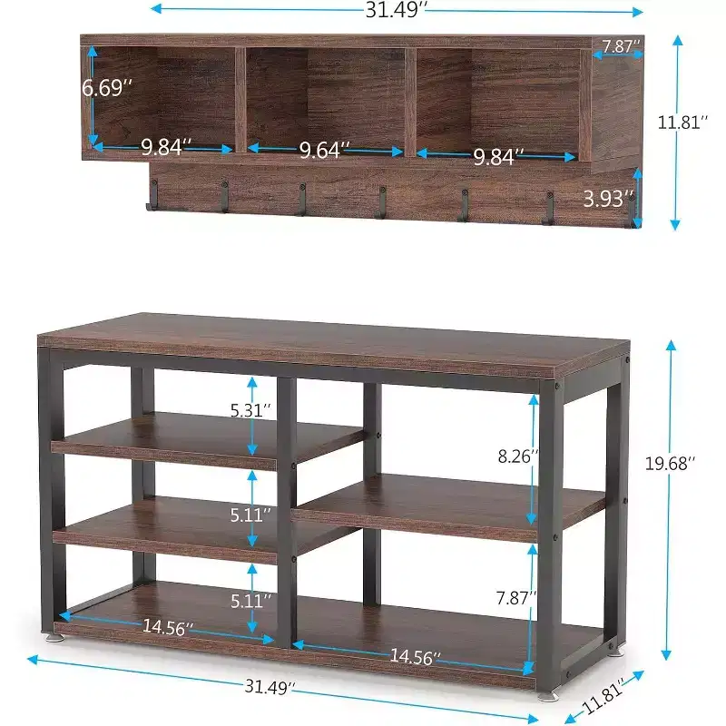 Lantine Industrial Shoe Rack Bench with Coat Rack Set, 3 Storage Cubbies and 7 Hooks for Entryway, Hallway, 5-in-1 Design, Rustic Brown