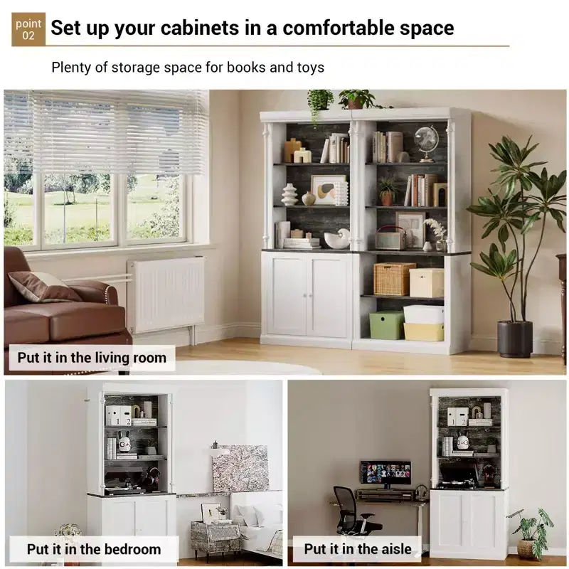 5-Tier Open Bookcase with LED Lights, Tall Roman Column Freestanding Bookshelf, Adjustable Shelves for Home Office and Living Room