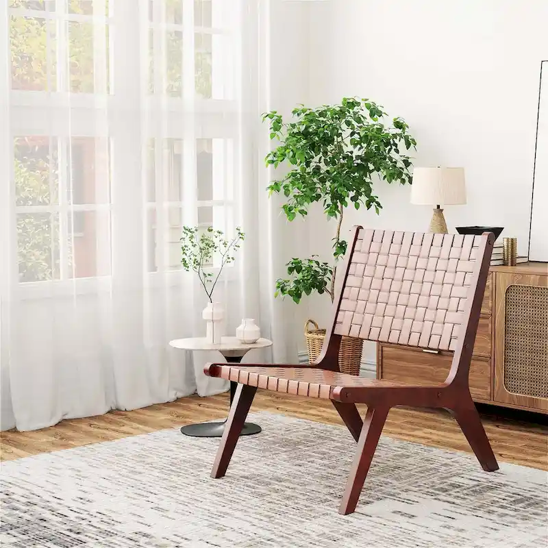 Costway Woven Leather Accent Chair Mid Century Rubber Wood Armless