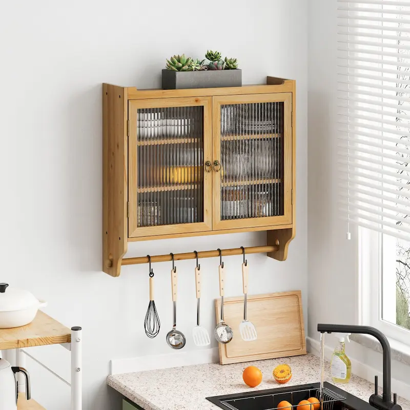 Double Glass Door Wall Cabinet with 3-Tier Storage & Towel Rack – Natural Wood, Polished Finish, 24.8