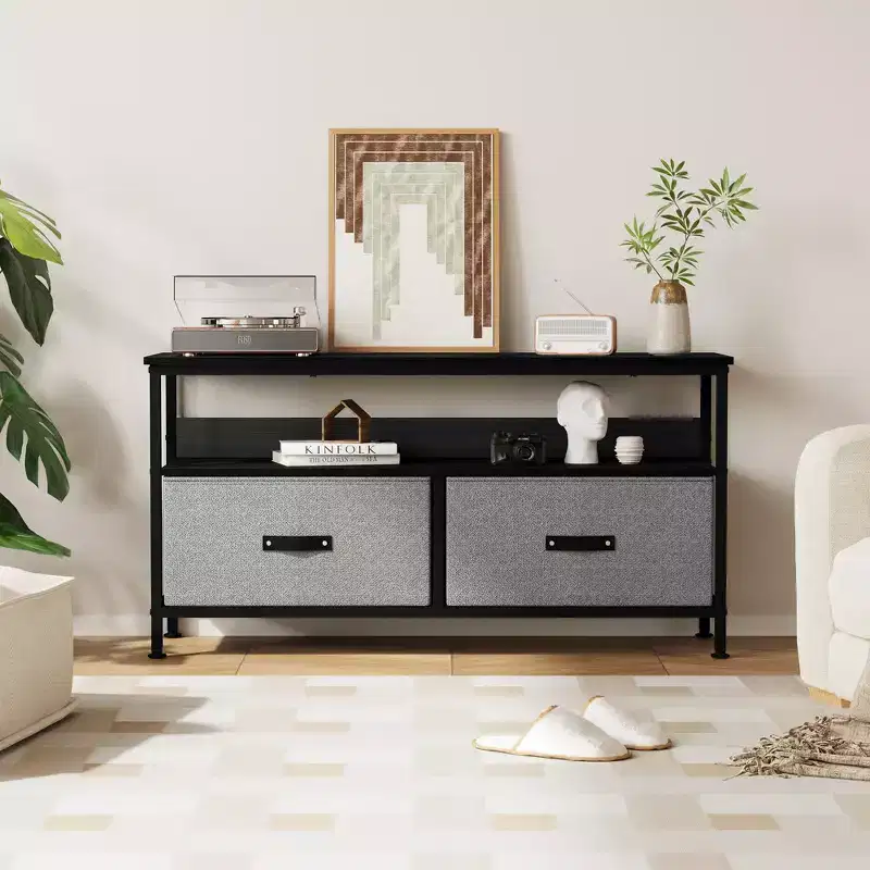 TV Stand Fits for 32 to 55 Inch TVs- 2 Fabric Drawers, Small Media Console with Open Compartment and Adjustable Feet for Bedroom Living Room