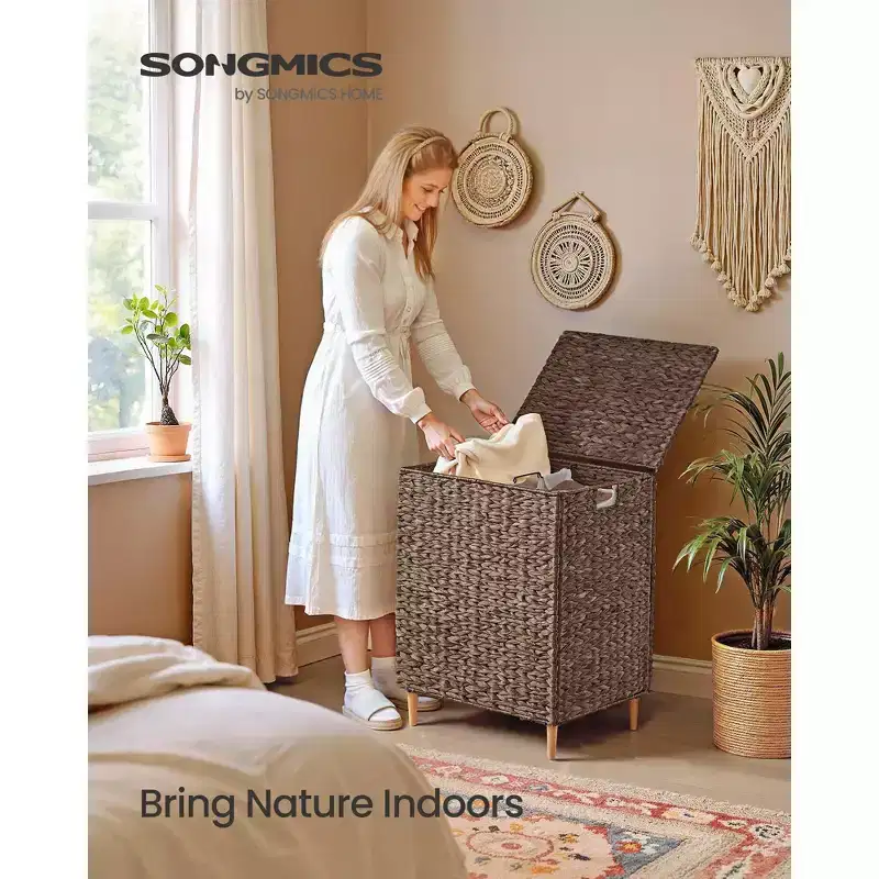 SONGMICS Laundry Hamper 2 Sections, 34.3 Gal. (130 L) Handwoven Water Hyacinth Wicker, with Lid, Removable Washable Liners, Handles