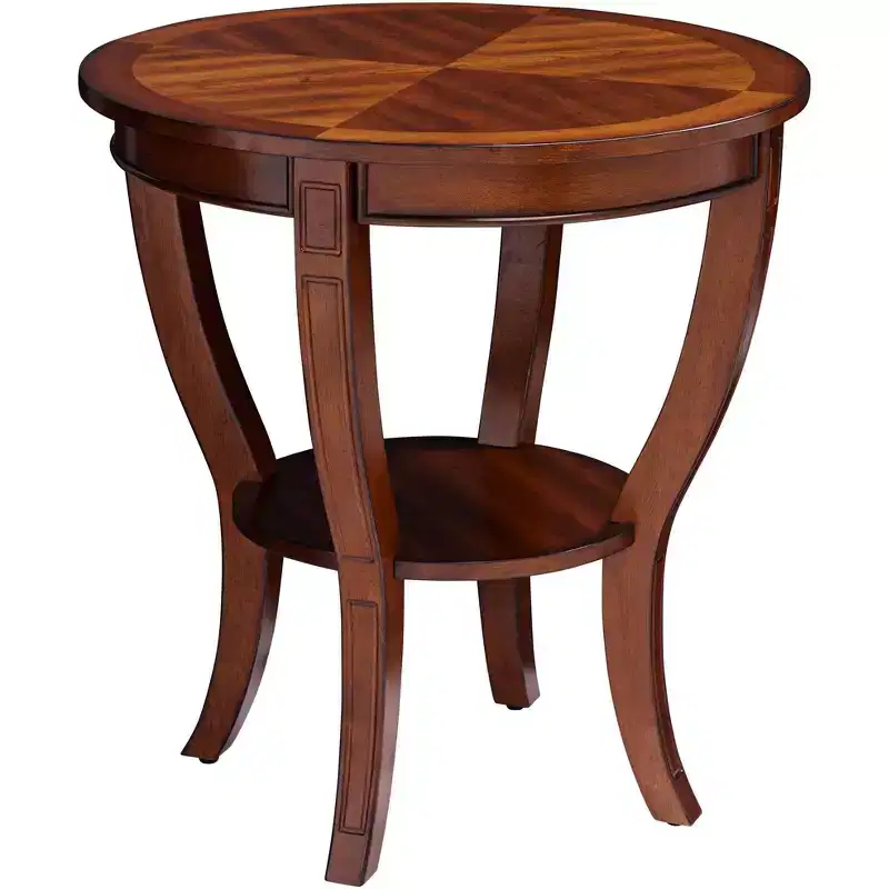 Vintage Cherry Wood Round Accent Side End Table 26 Wide with Lower Shelf, Brown Curving Legs for Living Room Bedroom Bedside