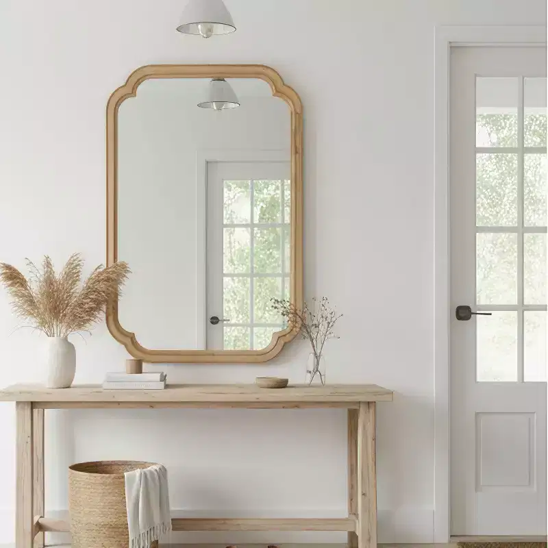 20 x 30 inch Natural Wood Color Solid Wood Frame Rounded Corner Wall Decorative Mirror for Bedroom Entryway and Living Room
