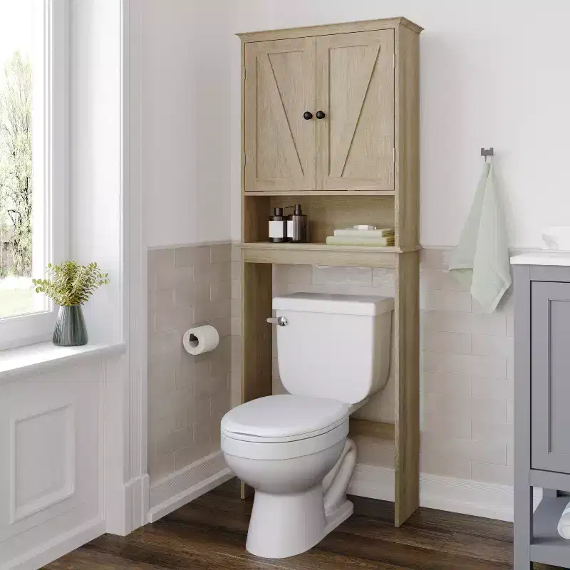 Dune Farmhouse Over the Toilet Bathroom Storage Cabinet Organizer with Magnetic Closure Doors, Adjustable Cabinet Shelf, Open Lower Shelf