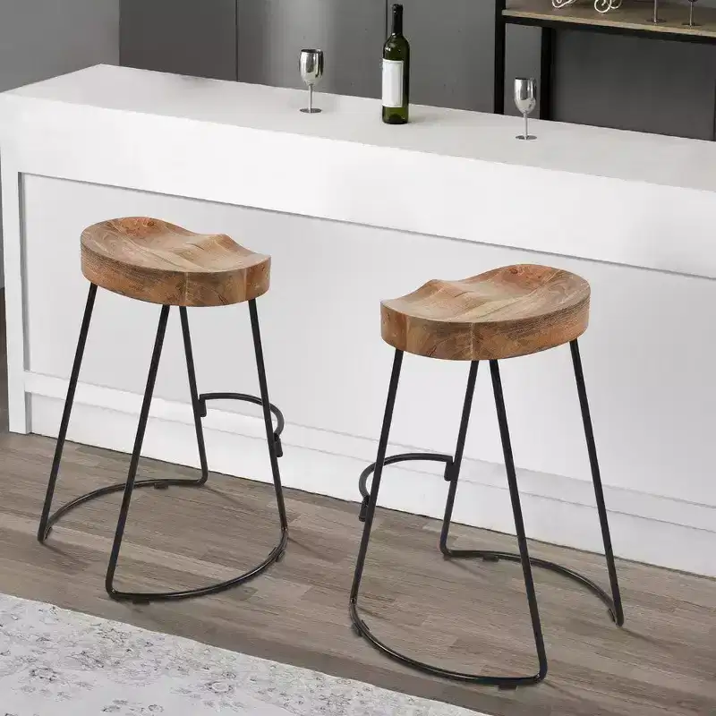 Royal Hampton Mango Wood Industrial Saddle Seat Iron Counter Height Stool, 24 Inch, Set of 2