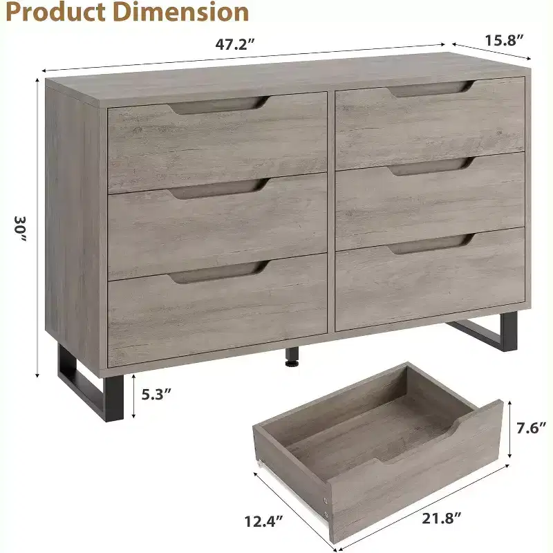 6 Dresser for Bedroom, Wide Dresser, Freestanding Vertical Drawer Cabinet, Wooden Closet Storage Chest for Living Room, Hallway, Entryway