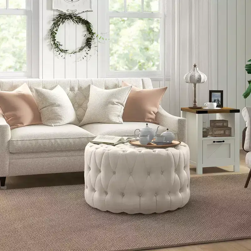 Round Ottoman Coffee Table with Velvet Upholstery and Button Tufted Design