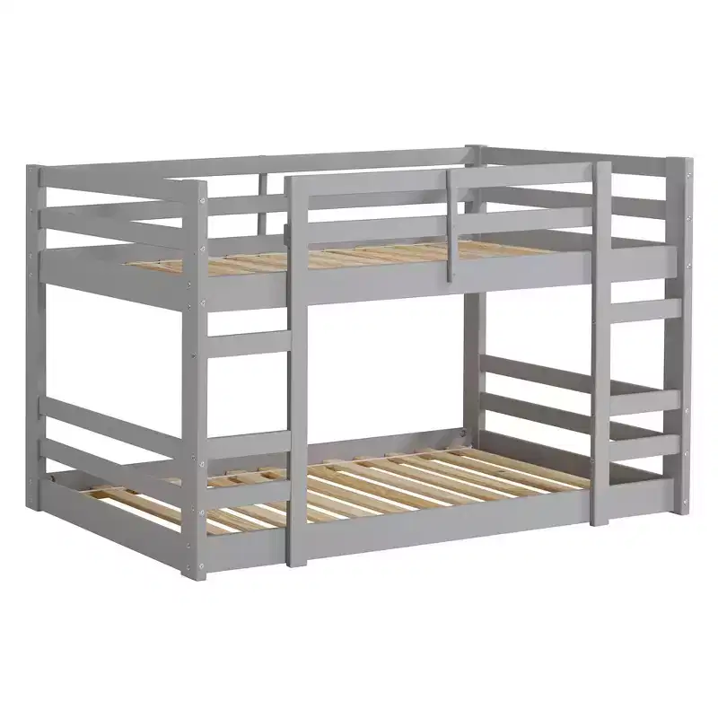 Twin over Twin Wooden Bunk Bed with Guardrails & Integrated Ladders