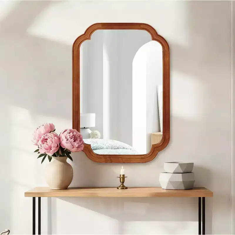 Yellowish Brown Color 20 x 30 Solid Wood Frame Rounded Corner Decorative Mirror, For Bedroom, Bathroom, Living Room, Entryway