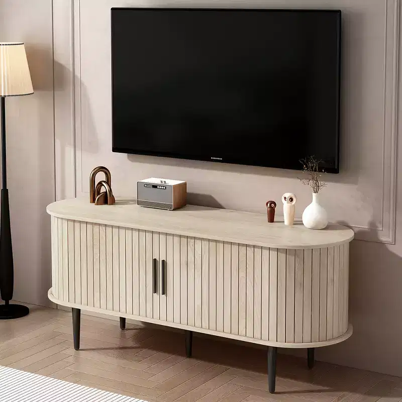 Mid-Century Modern Wooden TV Stand with Sliding Door, 55