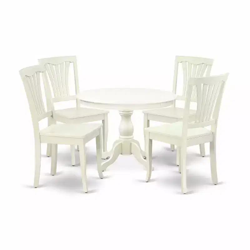 HomeStock 5-Pc Linen White Finish Solid Wood Top Dining table with 4 Chairs with Slat Back