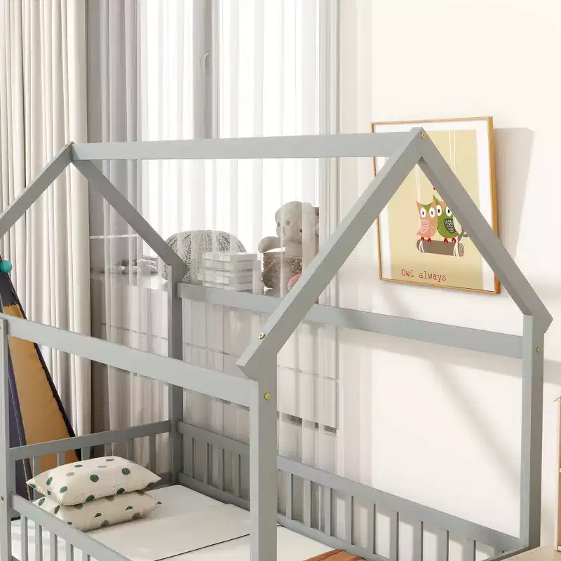 MAYEERTY Twin House Floor Wooden Bed with Roof Frame, Safety Guardrails Gray