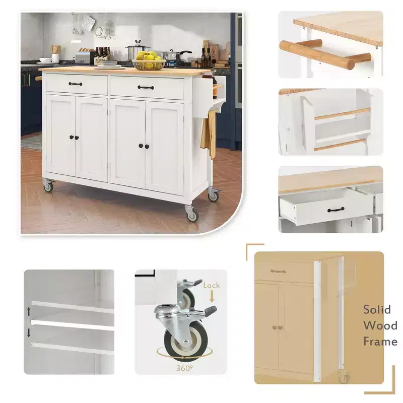 Whisen Modern Wood Kitchen Island with Spice Rack and Drawers