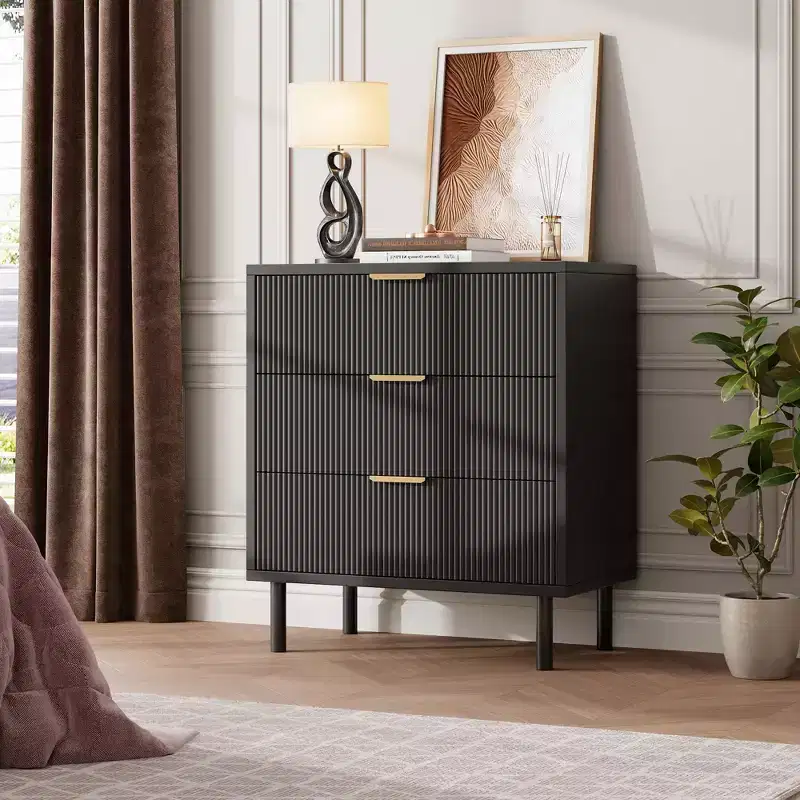 Black Fluted 3 Drawers Dresser, Wide Wood Chest of Drawers, Modern Storage Dresser Chest of Drawers Organizer with Metal Legs and Anti-Tipping Device