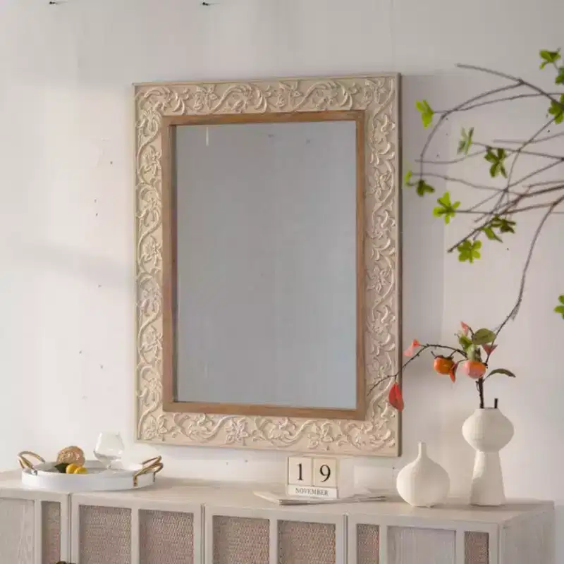 38 x 30 Vintage Rectangular Decorative Wall Mirror with Carved Pattern Frame, Wall-Mounted Mirror for Living Room or Entryway Dcor-Panipeachy