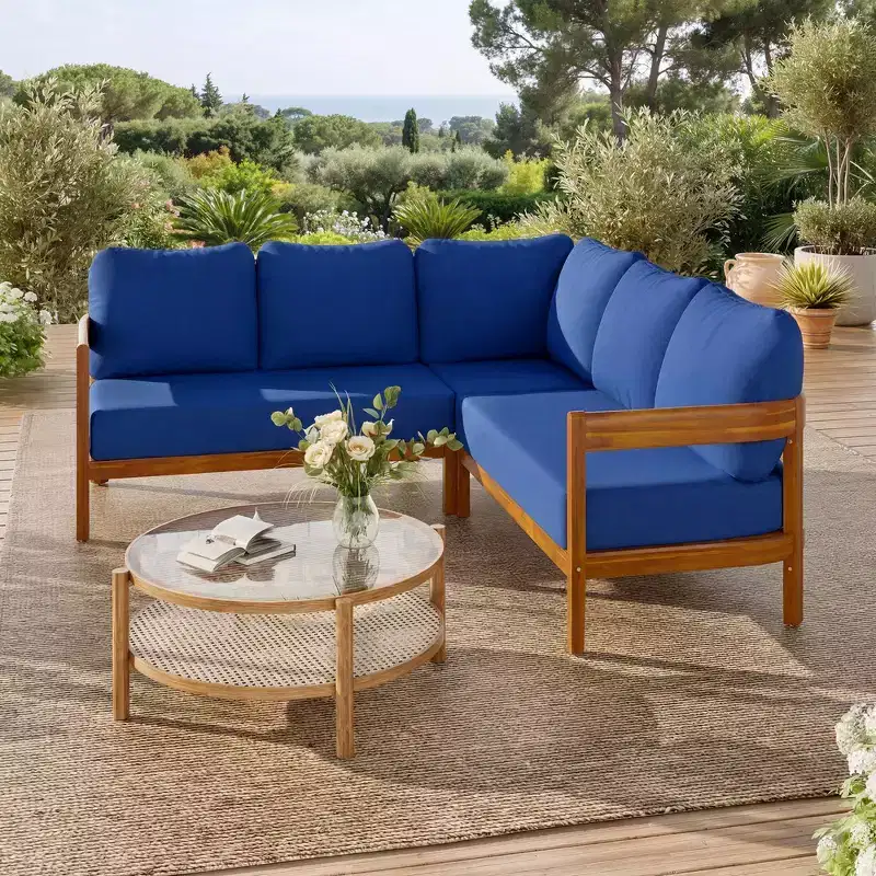 Whisen Outdoor Patio Sofa, L Shaped Patio Sofa, Outdoor Conversation Set, Acacia Solid Wood, Thick Cushions, Adjustable Feet, Rounded Design