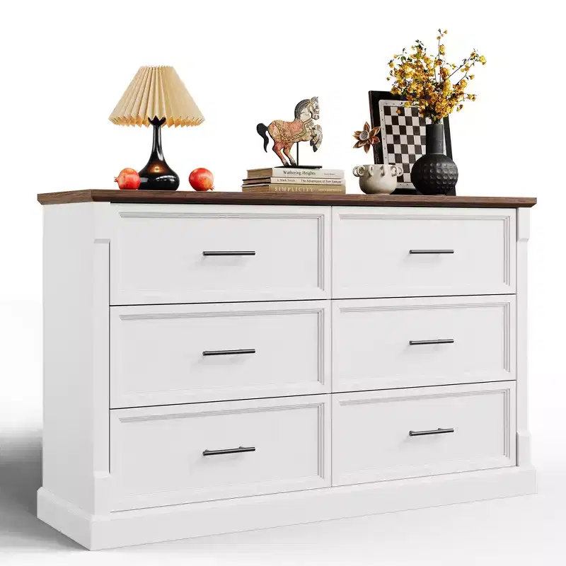 Farmhouse 6 Drawer Dresser, Wood Chest of Drawers, Modern Double Dresser Storage Cabinet, for Bedroom, Living Room
