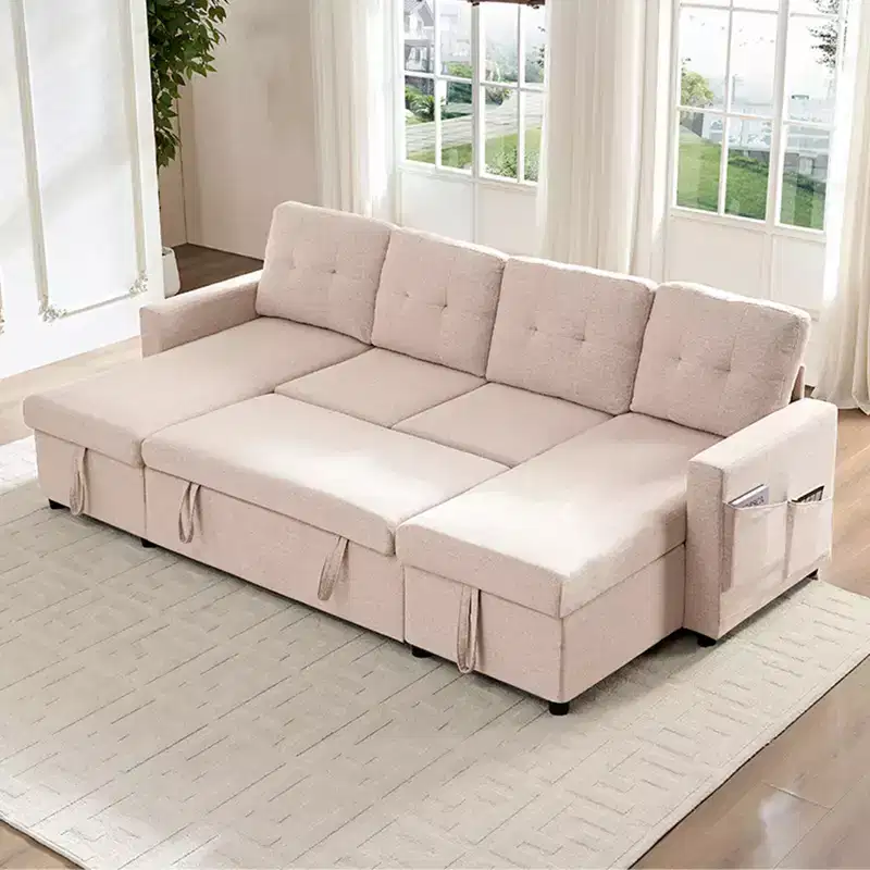 4-Seater Modular Sleeper Sofa Bed with Storage Chaise, U-shaped Sofa with Pull-out Bed