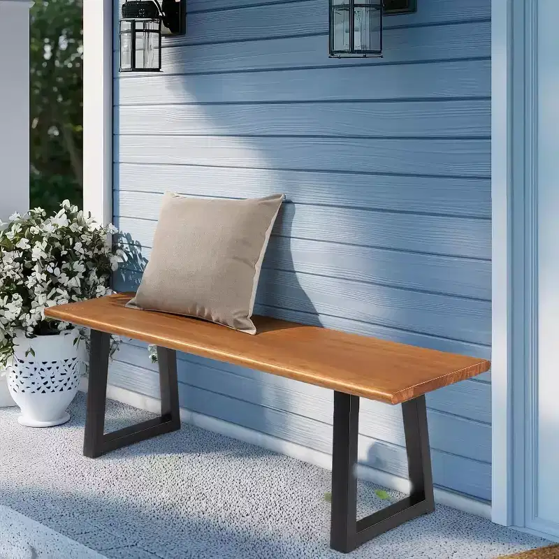 VINGLI 57in Outdoor Bench with Metal Legs, Long Wood Dining Bench Indoor Outdoor, All-Weather Wooden Porch Bench for Yard Garden Patio