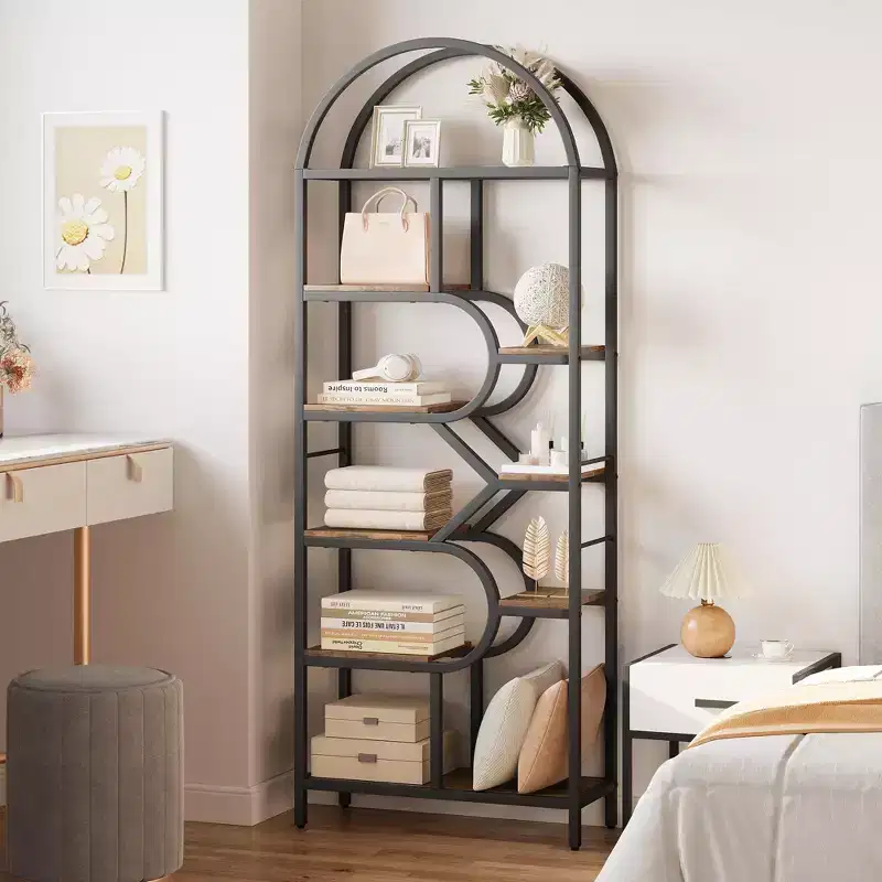 6-Tier Open Arched Bookshelf, 81.7 Tall Geometric Metal Frame Bookcase, Large Storage Display Shelf for Bedroom, Living Room, Office