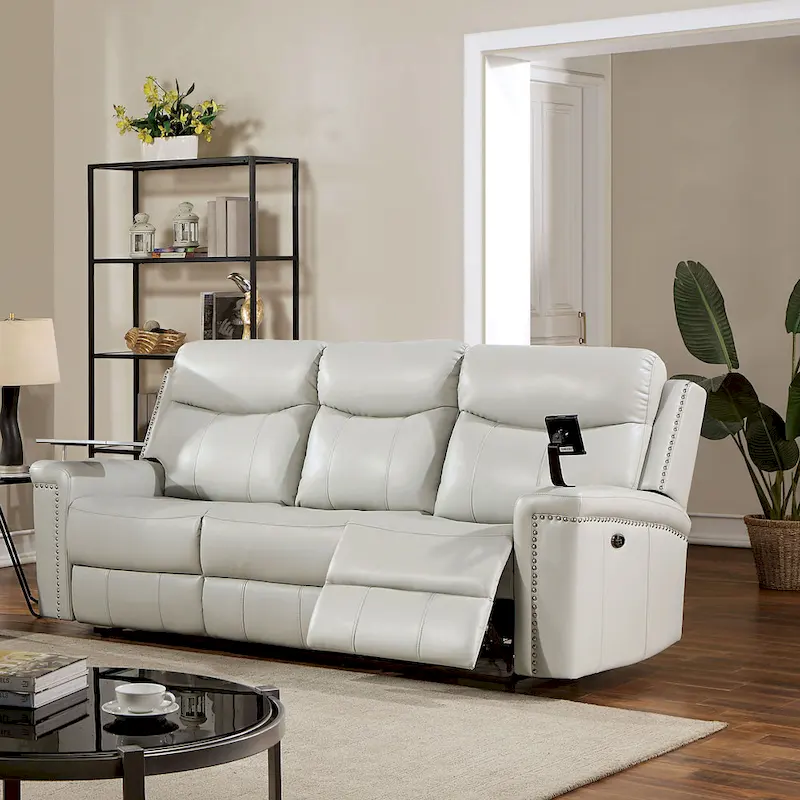 Etty Transitional Light Grey Faux Leather Power Recliner Sofa with USBs and Tray by Furniture of America