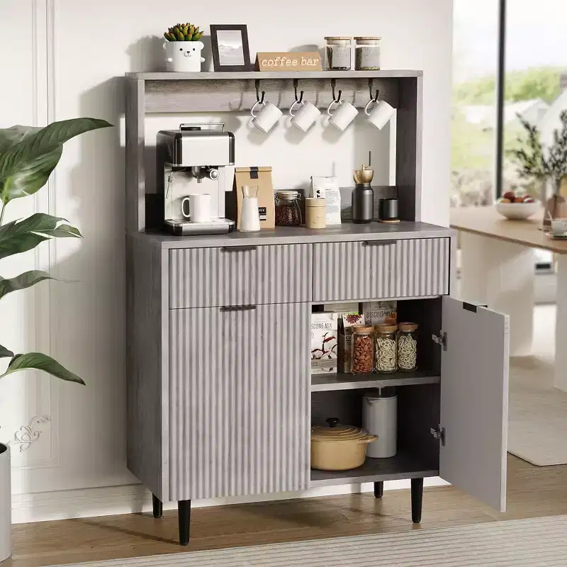 Fluted Sideboard Buffet Cabinet with Storage,Modern Coffee Bar Cabinet with Adjustable Shelves & 2 Drawers,Wood Buffet Console Table for Dining Living