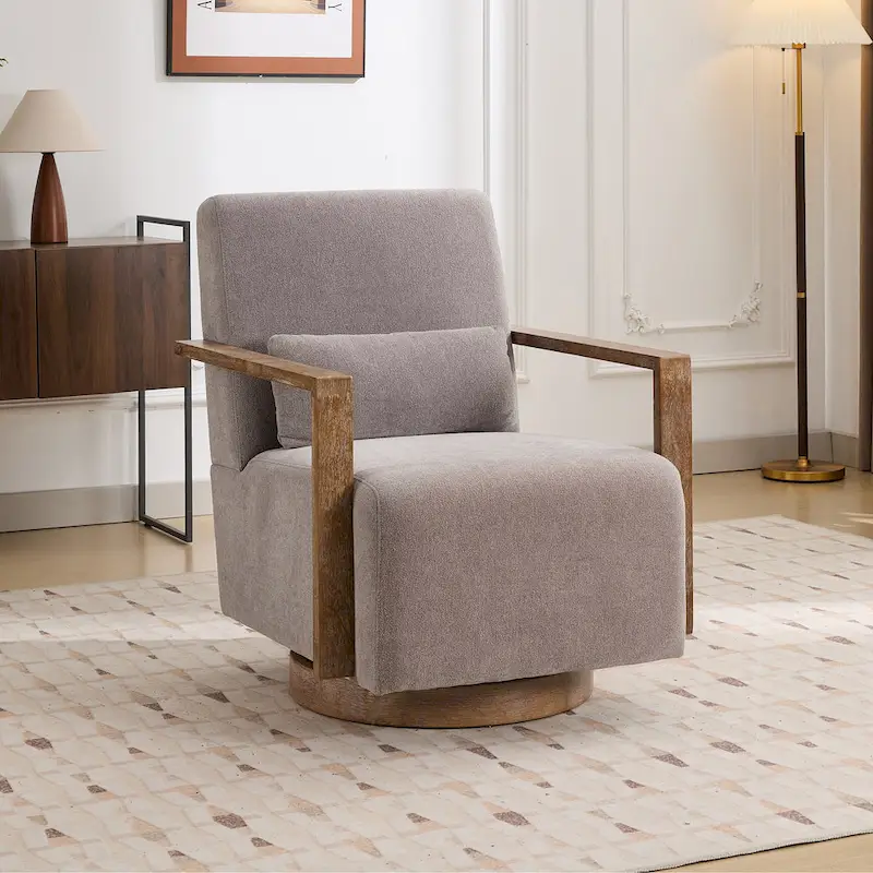 Mid-Century Boucle Upholstered Swivel Armchair With Pillow