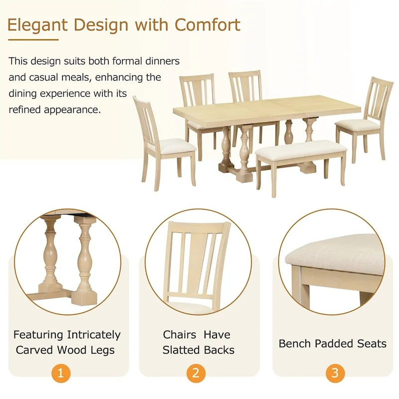 6-Piece 78 Trestle Extendable Dining Table Set w/Dining Chairs &Bench