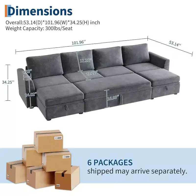 Acekool Chenille Modular Sectional Sleeper Sofa with Pull Out Bed, Storage Seats & 2 Ottomans, Convertible Couch for Living Room, Removable Covers