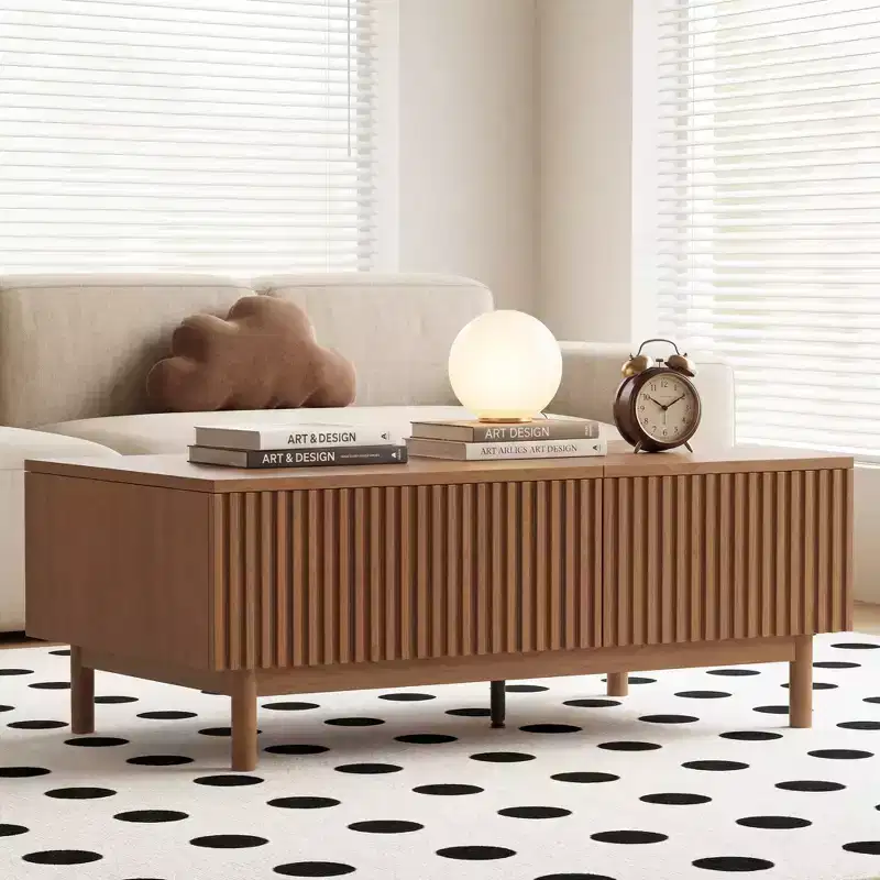 Modern Fluted Lift-Top Coffee Table with Hidden Storage & Drawers - Walnut Gaoyangjiaju