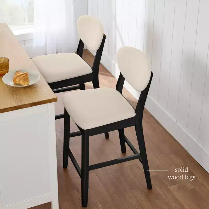 2-Piece Mid-Century Modern Wood and Upholstered Counter Height Bar Stool Set