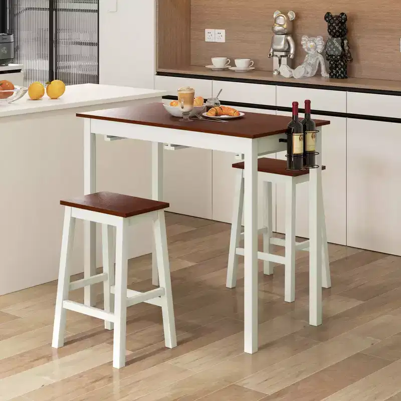 Costway 3-Piece Counter Height Bar Table Set with 2 Stools, 2 Wine Holders White & Walnut