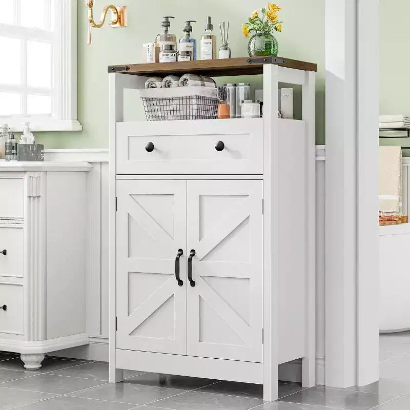 Bathroom Storage Cabinet with Barn Doors, Drawers & Open Shelf, Wood Composite Organizer