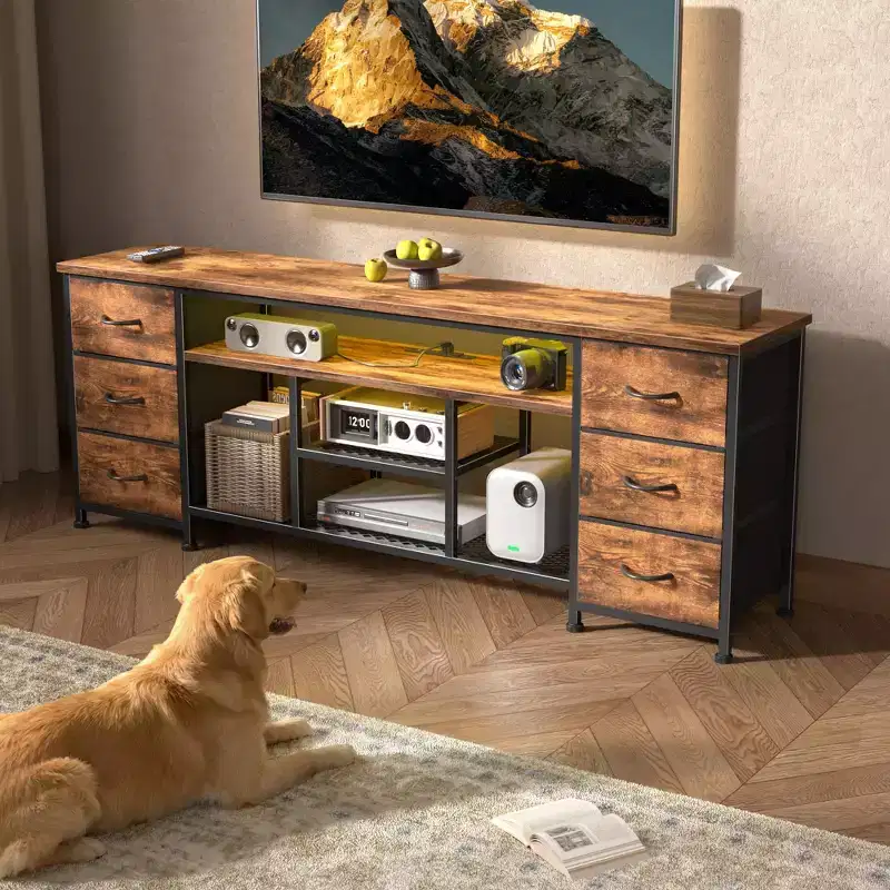 Qwatto 63 Inch Brown TV Stand Dresser with Charging Station LED Lights 6 Fabric Drawers Entertainment Center for TVs up to 70 Inch Bedroom Storage