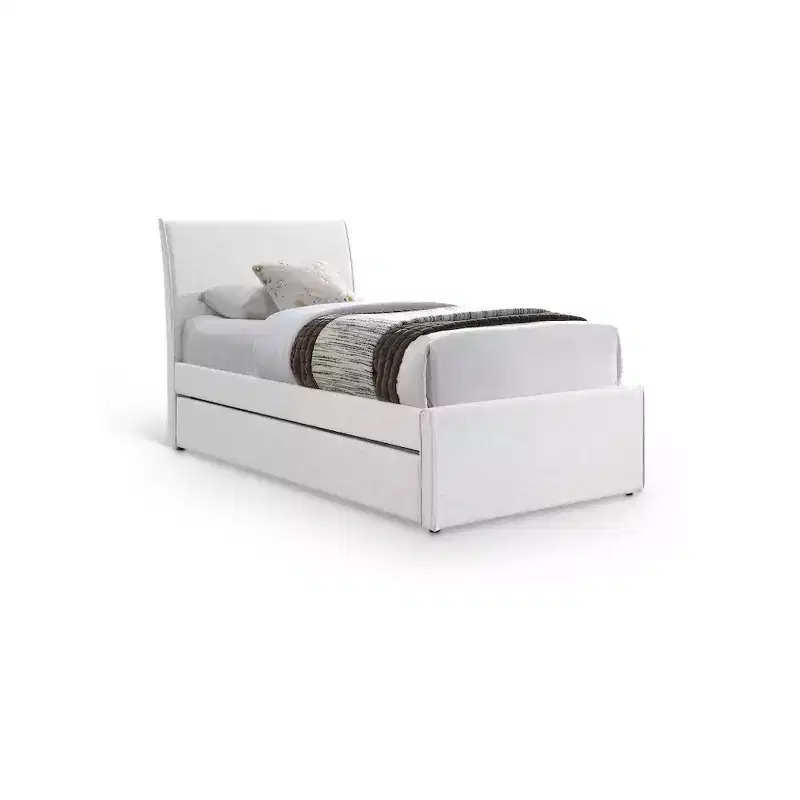 Twin Trundle Bed with Rolling Pull-Out, Upholstered Linen Textured Fabric, Fits 8