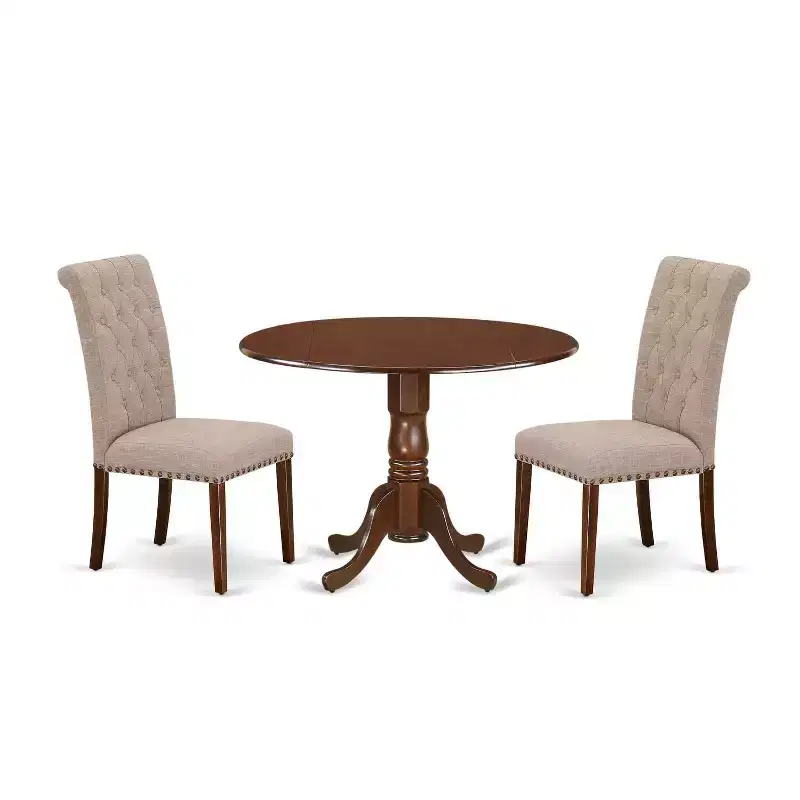 HomeStock 3-Piece Round Mahogany Finish Solid Wood Top Dining Table with 2 Parson Chairs with Drop Leaf