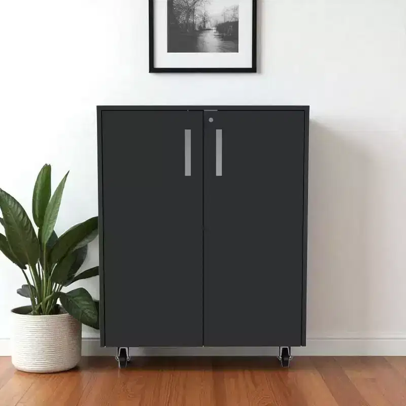 HomeRoots 35 Black Wood Rolling Storage Cabinet With Two Doors