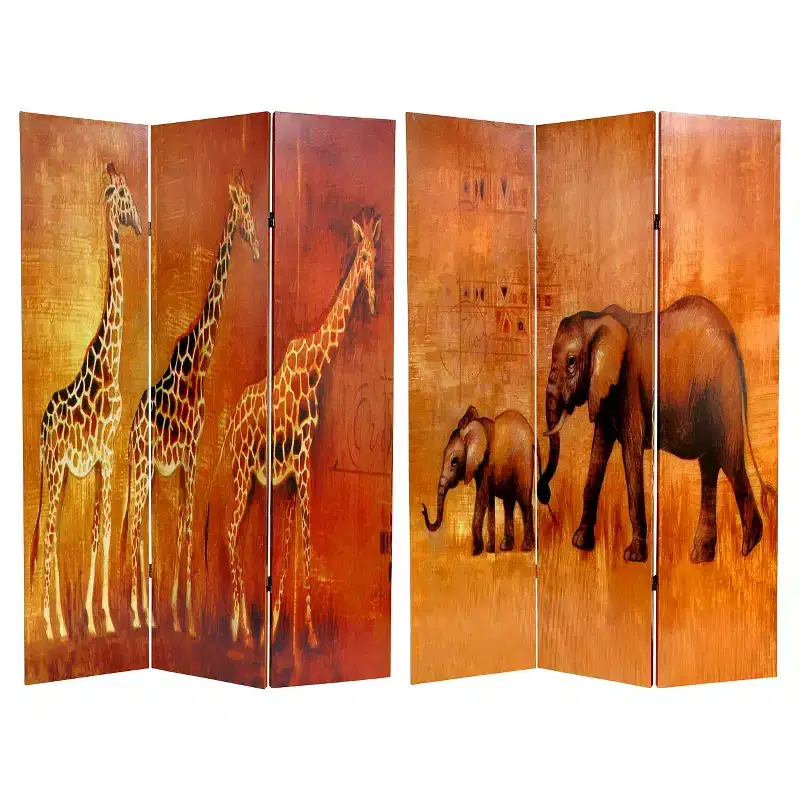 Giraffe & Elephant Double Sided Room Divider - Oriental Furniture: African Style Canvas Partition, 6ft Wall Separator