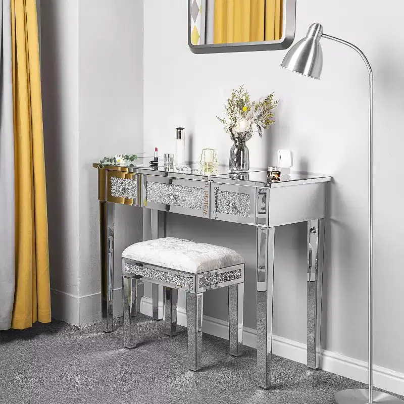 VINGLI Mirrored Vanity Desk With Drawers and Flip Mirror, Glass Table, Silver Makeup Desk for Bedroom/Makeup Room