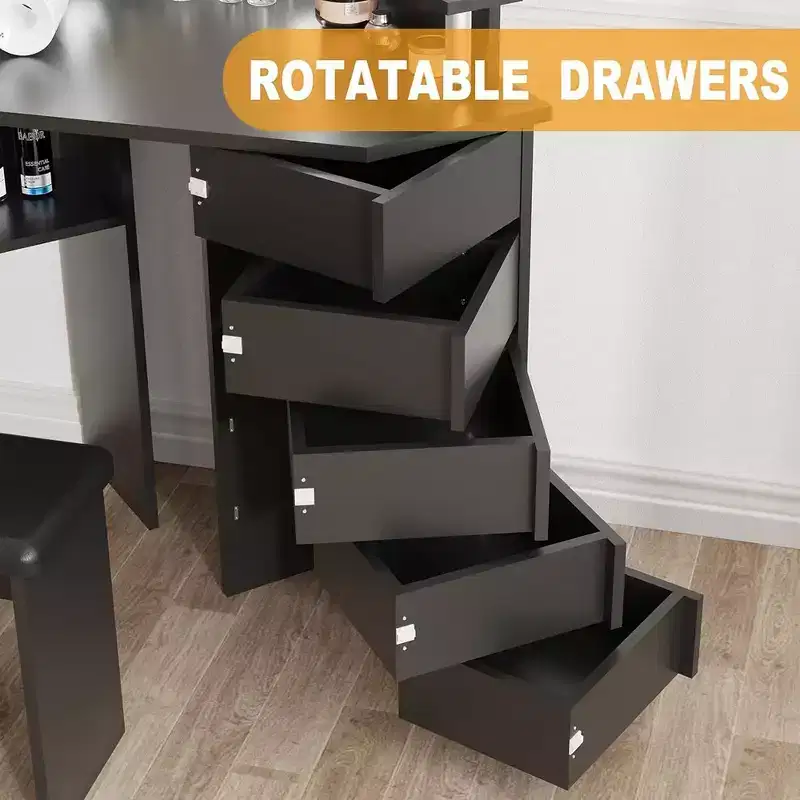 Garvee Makeup Vanity Desk with Lights & Power Outlet-Corner Vanity Table with 5 Rotating Drawers, for Bed Room