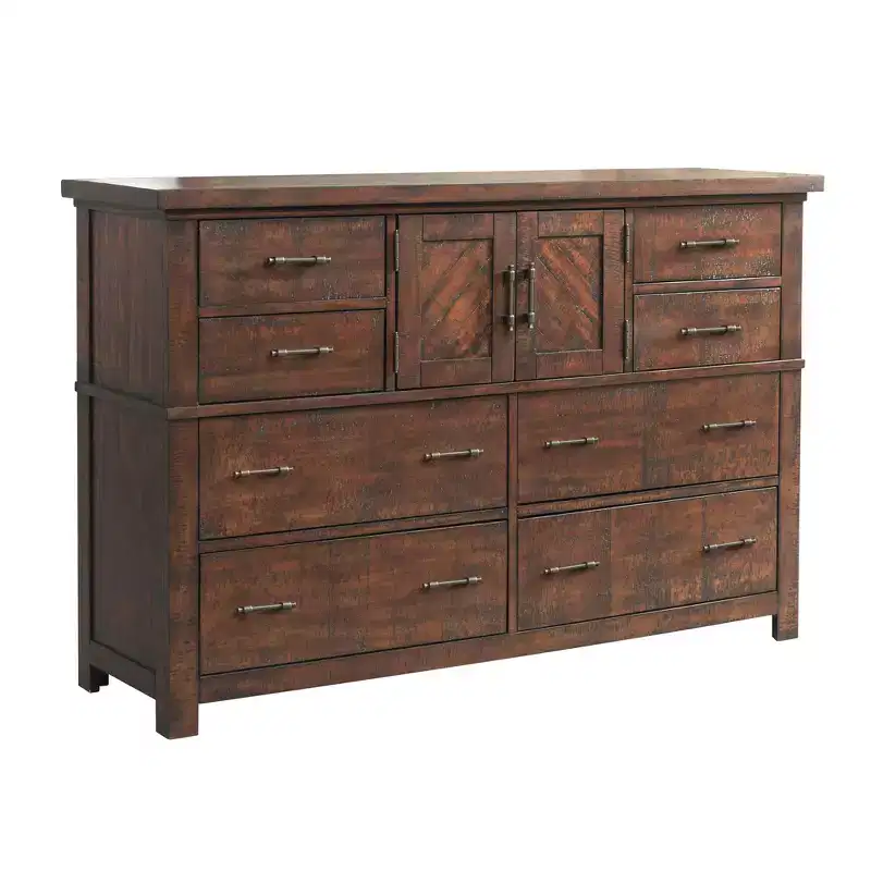 Walnut Brown 8-Drawer Dresser with Cabinet, Rustic Finish