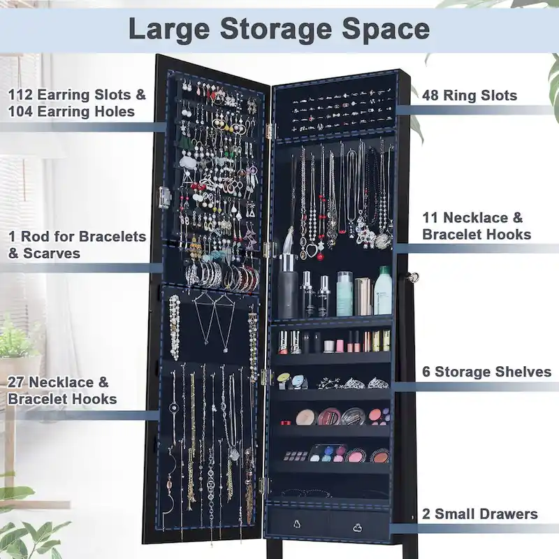 Mirrored Jewelry Storage Cabinet with Drawers and Hooks - 18 x 14.5 x 61.5