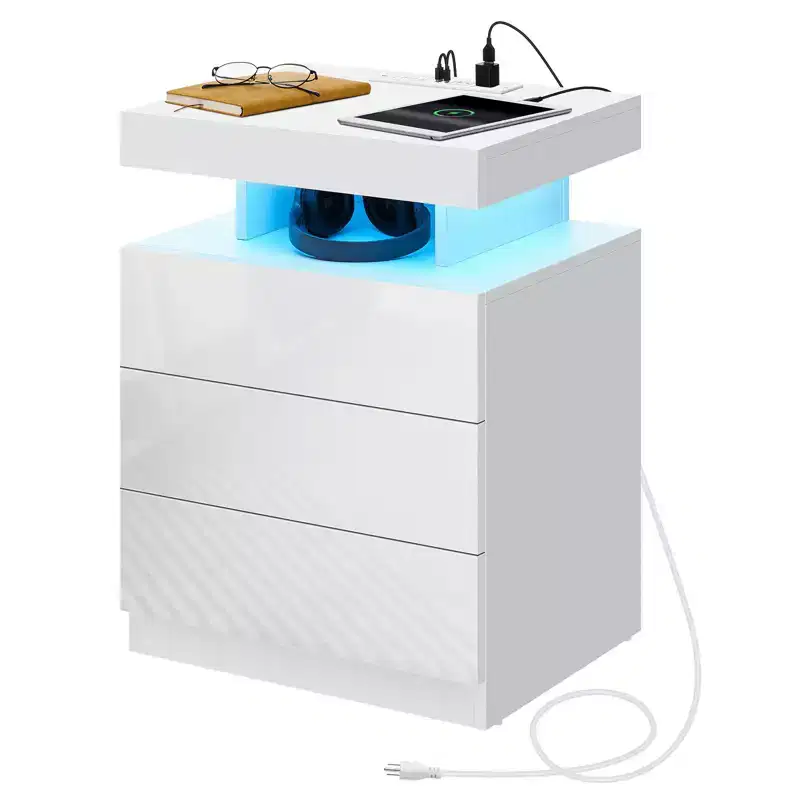 Modern LED Nightstand with 3 Drawers & Wireless Charging Station