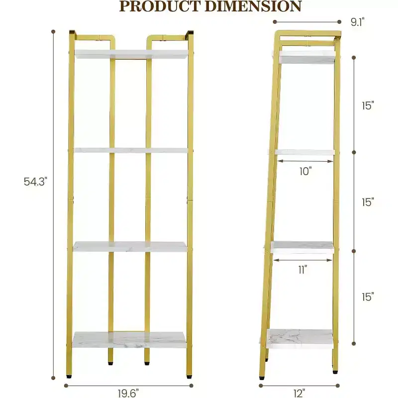 4-Tier Gold Bookshelf, Narrow Display Shelf with Marble-Textured Shelves and Metal Frame, Bookcase for Bedroom or Office